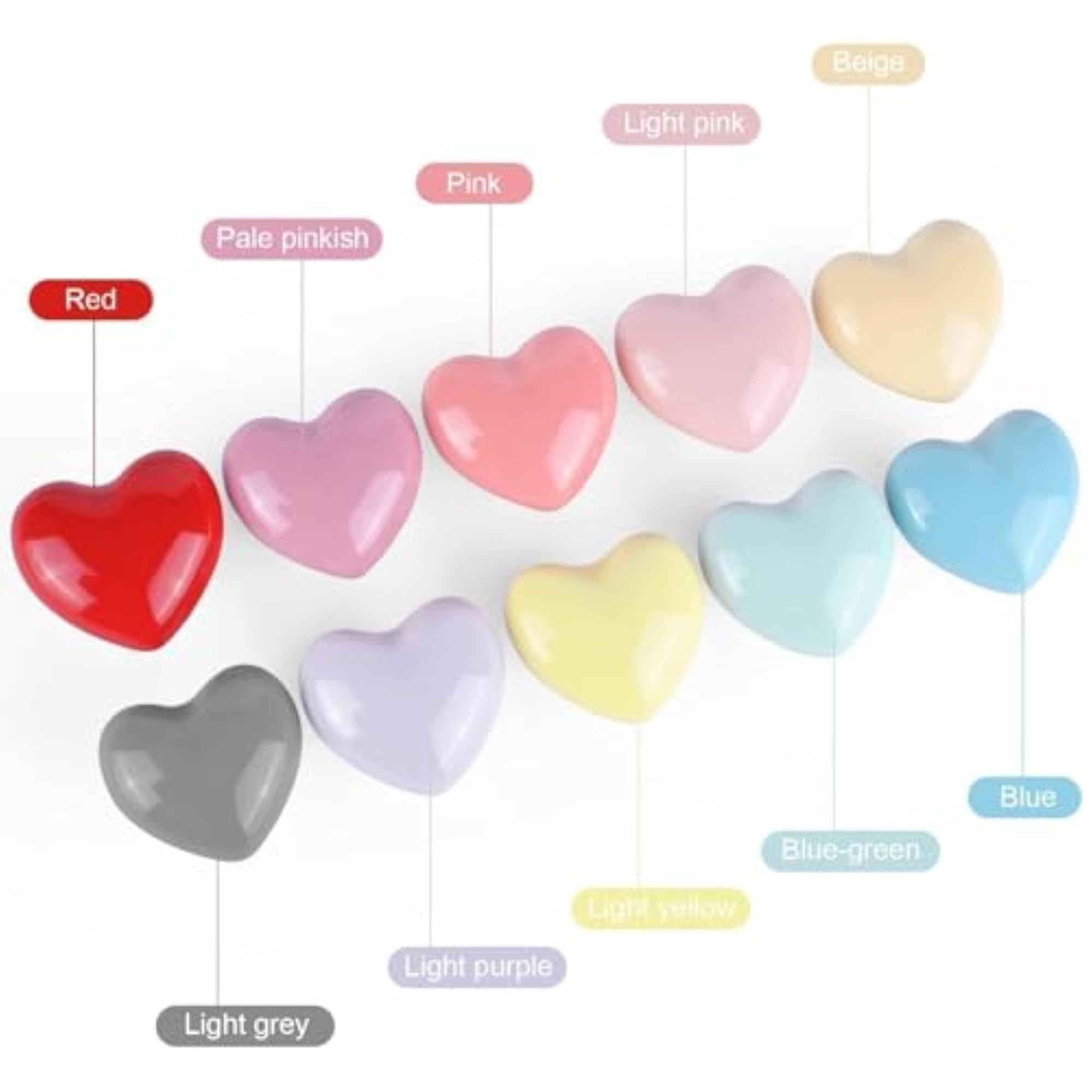 Colorful Ceramic Knobs, Pack of 10, Heart Shape